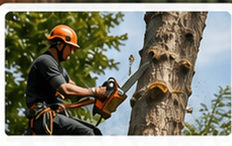 Tree surgeon cutting branches with a chainsaw