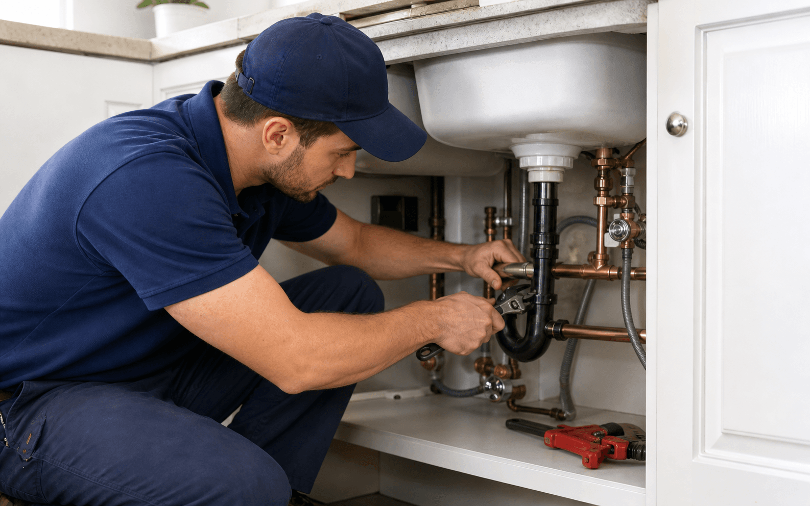 Plumber repairing pipework under a sink